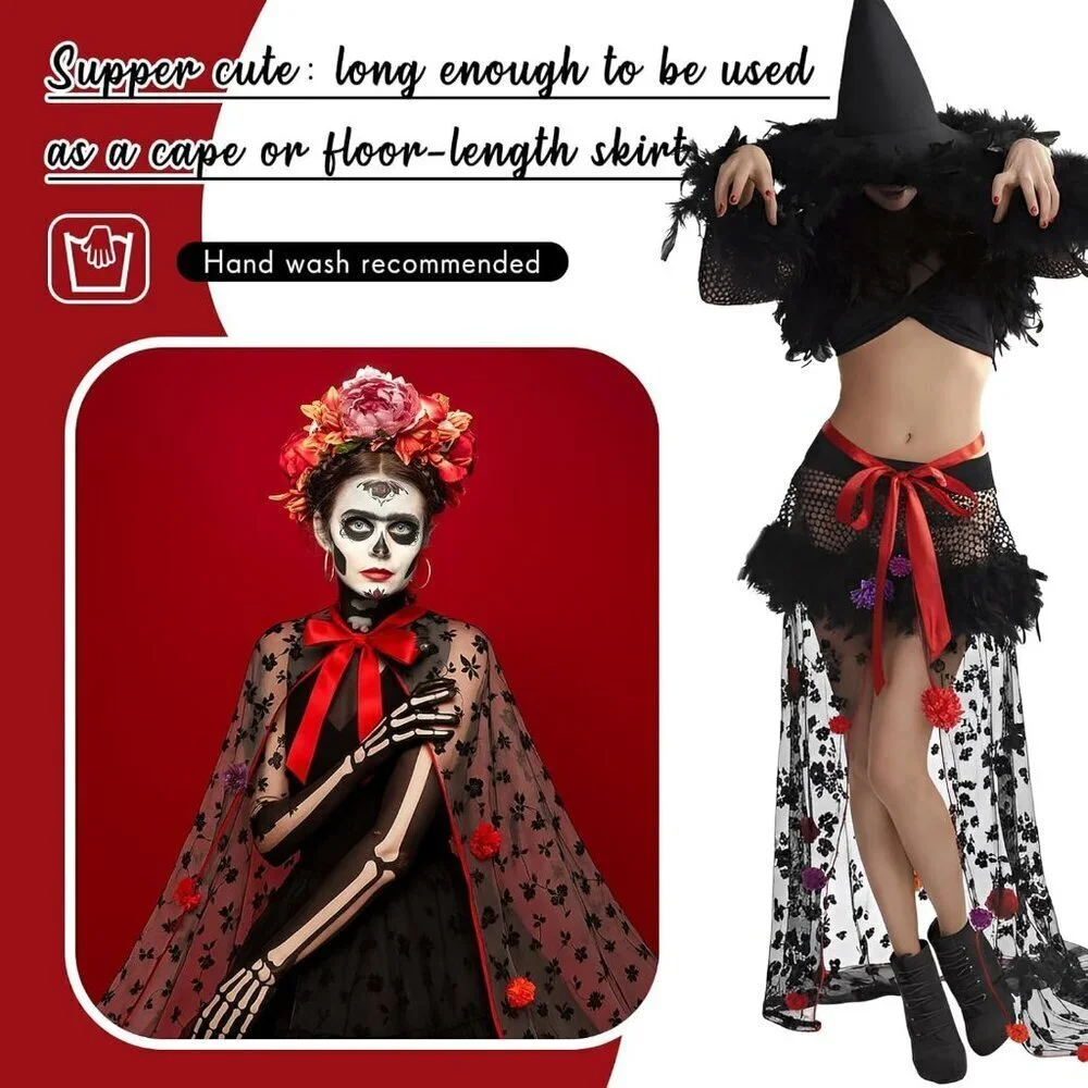 Women Day of Dead Tulle Skirt Mexican Flower Gothic Dress for Costume Party
